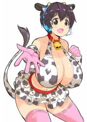Rule 34 | 1girl, animal ears, animal print, bare shoulders, bell, belt, belt collar, blush, breasts, brown eyes, brown hair, cleavage, clenched hand, collar, collarbone, cow ears, cow horns, cow print, cow tail, cowbell, cowboy shot, crop top, cropped shirt, detached sleeves, dot nose, fake animal ears, fake horns, fake tail, gloves, hands up, headset, horns, idolmaster, idolmaster cinderella girls, idolmaster cinderella girls starlight stage, kitsune choukan, large breasts, looking at viewer, miniskirt, navel, neck bell, oikawa shizuku, open hand, open mouth, pink gloves, pink thighhighs, pleated skirt, print shirt, print skirt, print sleeves, reaching, reaching towards viewer, red belt, shirt, short hair, simple background, skirt, smile, solo, standing, tail, thighhighs, white background, zettai ryouiki