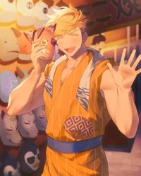 Rule 34 | 1boy, blonde hair, character mask, closed eyes, granblue fantasy, hand on own hip, higashigunkan, holding, holding mask, japanese clothes, kimono, male focus, mask, muscular, muscular male, open mouth, orange kimono, outdoors, short hair, smile, solo, vane (granblue fantasy), vyrn (granblue fantasy)