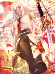 Rule 34 | 1girl, bare shoulders, black footwear, boots, braid, breasts, closed mouth, dark-skinned female, dark skin, fate/grand order, fate (series), gloves, gun, highres, knee up, lakshmibai (fate), large breasts, long hair, looking at viewer, pants, petals, red eyes, revision, saber (weapon), sheath, shell casing, shirt, side braids, sleeveless, sleeveless shirt, sword, thigh boots, thighhighs, twin braids, very long hair, weapon, white gloves, white hair, white pants, yipaint