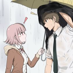 ! 1boy 1girl :o black_jacket black_necktie blunt_bangs brown_eyes brown_jacket collared_shirt danganronpa_(series) danganronpa_3_(anime) eye_contact from_side grey_shirt highres hinata_hajime holding holding_umbrella hood hood_down hope&#039;s_peak_academy_school_uniform jacket kmnm_1403 looking_at_another nanami_chiaki neck_ribbon necktie open_clothes open_jacket outdoors rain red_ribbon ribbon school_uniform shirt umbrella water wet