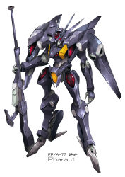Rule 34 | arm at side, beam rifle, character name, commentary, denjyou23, energy gun, full body, gun, gundam, gundam pharact, gundam suisei no majo, highres, holding, holding gun, holding weapon, mecha, mobile suit, no humans, red eyes, robot, science fiction, signature, sitting, solo, standing, weapon, white background