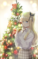 Rule 34 | 1girl, black ribbon, blonde hair, blue eyes, blurry, blurry background, blush, christmas, christmas ornaments, christmas tree, closed mouth, colored eyelashes, commentary request, depth of field, hair ribbon, hands up, highres, holding, juliet persia, kishuku gakkou no juliet, long hair, merry christmas, natsupa, official art, plaid, plaid skirt, ribbon, skirt, sleeves past wrists, smile, solo, standing, star (symbol), sweater, turtleneck, turtleneck sweater, very long hair, white sweater