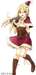 Rule 34 | 1boy, afuro terumi, blonde hair, blush, boots, capelet, corset, crossdressing, full body, gloves, hat, inazuma eleven, inazuma eleven (series), kona (silent913), long hair, male focus, red eyes, santa hat, simple background, skirt, smile, solo, trap, very long hair, white background
