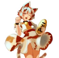 Rule 34 | 1girl, absurdres, animal ears, ankleband, bell, brown eyes, cat ears, cat girl, cat tail, coin, cowboy shot, eyebrows hidden by hair, fangs, gold, goutokuji mike, highres, koban (gold), looking at viewer, maneki-neko, midriff, multicolored hair, multicolored shirt, neck bell, one eye closed, open mouth, patch, paw pose, short hair, short sleeves, simple background, skirt, smile, tail, teeth, touhou, unconnected marketeers, upper teeth only, white background