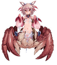 Rule 34 | 1girl, arthropod girl, arthropod limbs, bare shoulders, blue eyes, blush, brooch, bubble, cancer (monster girl encyclopedia), censored, convenient censoring, crab girl, diamond (shape), extra eyes, flat chest, full body, gradient hair, groin, hair between eyes, hair bobbles, hair ornament, hair rings, half updo, heart, jewelry, kenkou cross, long sleeves, looking at viewer, monster girl, monster girl encyclopedia, multicolored hair, navel, official art, orange eyes, pink hair, ribbon, short hair, sidelocks, silver hair, simple background, sleeves past wrists, solo, taur, turtleneck, twintails, two-tone hair, wet, white background