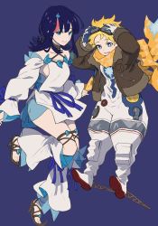 Rule 34 | 1boy, 1girl, adjusting eyewear, alternate costume, baggy clothes, bare shoulders, black hair, blonde hair, blue background, blue eyes, bomber jacket, breasts, closed mouth, collarbone, dress, fate/grand order, fate/requiem, fate (series), gloves, goggles, goggles on head, hair between eyes, hair ornament, isshoku (shiki), jacket, japanese clothes, jewelry, long sleeves, looking at viewer, magatama, magatama hair ornament, multicolored hair, open mouth, pink hair, puffy long sleeves, puffy sleeves, scarf, short dress, short hair, sideboob, sideless outfit, smile, spacesuit, streaked hair, two-sided fabric, utsumi erice, voyager (fate), voyager (third ascension) (fate), white dress, yellow scarf