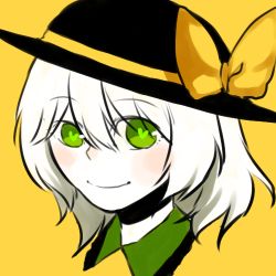Rule 34 | 1girl, bad id, bad pixiv id, bow, green eyes, hat, hat bow, heart, heart-shaped pupils, komeiji koishi, lowres, simple background, smile, solo, symbol-shaped pupils, touhou, upper body, white hair, yellow background, yellow bow, yin (huine0821)