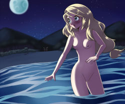 Rule 34 | 1girl, 2others, :o, anew, arm at side, armpits, barefoot, beach, blonde hair, blurry, blush, breasts, cleft of venus, collarbone, completely nude, cowboy shot, creatures (company), depth of field, embarrassed, eyelashes, feet, female focus, fingernails, full body, game freak, gen 6 pokemon, grey eyes, legs, long hair, looking back, mountainous horizon, multiple others, nature, navel, neck, night, night sky, nintendo, nipples, nude, ocean, open mouth, outdoors, partially submerged, pokemon, pokemon xy, public indecency, public nudity, pussy, serena (pokemon), shiny skin, side bangs, sidelocks, skinny dipping, sky, small breasts, standing, surprised, thighs, turning head, unworn clothes, unworn headwear, water, wet