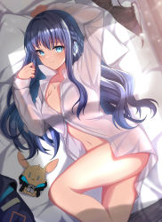 Rule 34 | 1girl, absurdres, arknights, astesia (arknights), bad id, bad pixiv id, bare legs, bare shoulders, black bra, blue eyes, blue hair, blue skirt, bra, unworn bra, breasts, chinese commentary, collarbone, commentary request, feet out of frame, female focus, full body, hair intakes, highres, jewelry, legs, long hair, long sleeves, looking at viewer, lying, medium breasts, midriff, navel, necklace, on bed, on side, pillow, shirt, skirt, smile, solo, stuffed animal, stuffed rabbit, stuffed toy, unbuttoned, unbuttoned shirt, underwear, white shirt, wing228