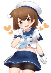 Rule 34 | 1girl, bike shorts, blue neckwear, blue skirt, blush, breasts, brown eyes, brown hair, child, clenched hand, cosplay, cowboy shot, dated, etorofu (kancolle), etorofu (kancolle) (cosplay), gloves, hair between eyes, hat, highres, hiryuu (kancolle), kantai collection, looking at viewer, medium breasts, midriff, navel, one side up, open mouth, pleated skirt, sailor collar, sailor hat, school uniform, serafuku, short hair, short sleeves, shorts, shorts under skirt, simoyuki, skirt, smile, solo, twitter username, white gloves, white hat
