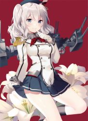 Rule 34 | 10s, 1girl, 3:, absurdres, blush, breasts, clothes lift, epaulettes, finger to mouth, flower, gloves, grey eyes, hat, highres, kantai collection, kashima (kancolle), kneehighs, lily (flower), medium breasts, red background, rigging, riv (rivleaf), silver hair, skirt, skirt lift, smile, socks, solo