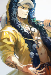 Rule 34 | 1boy, facial hair, fur-trimmed jacket, fur trim, hand up, hat, holding, holding sword, holding weapon, jacket, male focus, one piece, open clothes, open jacket, pectoral cleavage, pectorals, rock, santa65, sheath, sheathed, smile, solo, sword, tattoo, trafalgar law, weapon