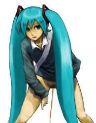 Rule 34 | 1girl, blue eyes, blue hair, bottomless, female pubic hair, hagaa, hatsune miku, long hair, looking at viewer, open mouth, peeing, pubic hair, pussy, solo, standing, twintails, uncensored, vocaloid, white background