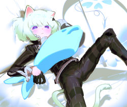 Rule 34 | 1boy, absurdres, androgynous, animal ears, biker clothes, blush, bulge, cat boy, cat ears, cat tail, ascot, earrings, frilled sleeves, frills, frown, gloves, green hair, half gloves, highres, jewelry, km (ksolee1201), lio fotia, long sleeves, lying, on back, pillow, promare, purple eyes, short hair, simple background, spread legs, stuffed animal, stuffed fish, stuffed toy, tail