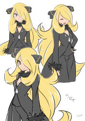 Rule 34 | 1girl, black pants, black shirt, blonde hair, breasts, cleavage, closed eyes, cowboy shot, creatures (company), cropped legs, cynthia (pokemon), dated, expressionless, female focus, fur trim, game freak, grey eyes, hair ornament, hair over one eye, hand on own hip, happy, highres, japanese text, long hair, long sleeves, looking at viewer, multiple views, nintendo, open mouth, pants, pokemon, pokemon dppt, sawarabi (sawarabi725), shirt, simple background, small breasts, smile, standing, translation request, very long hair, white background