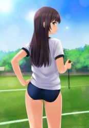 Rule 34 | 1girl, ass, blue buruma, blue eyes, blue sky, brown hair, buruma, cloud, commentary request, day, grass, gym shirt, gym uniform, hand on own hip, highres, holding, long hair, looking at viewer, looking back, nonaka ritsu, original, outdoors, parted lips, profile, shirt, short sleeves, sky, solo, stopwatch, sweat, watch, white shirt
