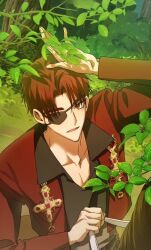 Rule 34 | 1boy, black shirt, closed mouth, forest, hand up, highres, jacket, long hair, looking at viewer, male focus, nature, open clothes, open jacket, patch, perion sob vasilios, red eyes, red hair, red jacket, shirt, smile, solo, tree, your throne