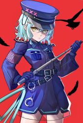 Rule 34 | 1girl, aqua hair, armband, baton (weapon), belt, belt buckle, black belt, blue gloves, blue jacket, blue skirt, buckle, closed mouth, cowboy shot, cuffs, gloves, green eyes, hair between eyes, hair ornament, hairclip, handcuffs, hat, heterochromia, highres, holding, holding weapon, humany, jacket, light smile, long sleeves, looking at viewer, multiple belts, original, police, police hat, police uniform, policewoman, red background, revision, ringed eyes, short hair, skirt, solo, uniform, weapon, wide sleeves, yellow eyes