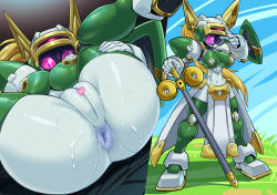 Rule 34 | 1boy, 1girl, android, anus, blonde hair, breasts, censored, colored sclera, colored skin, commentary request, copyright request, folded, green thighhighs, heart, heart-shaped pupils, heart censor, holding, holding sword, holding weapon, hugging own legs, large breasts, looking at viewer, m legs, midriff, navel, no mouth, pelvic curtain, pink eyes, pink sclera, pochincoff, ponytail, presenting, pussy, robot ears, solo focus, standing, sweat, sword, symbol-shaped pupils, thighhighs, weapon, white skin