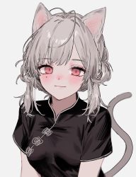 Rule 34 | 1girl, animal ears, antenna hair, aogisa, blush, cat ears, cat girl, cat tail, chinese clothes, closed mouth, double bun, eyelashes, eyeshadow, grey background, grey hair, hair bun, highres, long eyelashes, long hair, looking at viewer, makeup, mole, mole under eye, original, pink eyeshadow, simple background, smile, solo, tail, twintails, upper body