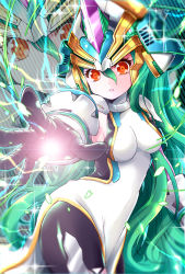 Rule 34 | 1girl, armband, armor, athena (p&amp;d), black gloves, blurry, blush, bodysuit, breastplate, breasts, cowboy shot, depth of field, detached sleeves, dress, electricity, eyelashes, from side, gloves, glowing, green hair, hair between eyes, helmet, highres, lens flare, long hair, looking at viewer, machine athena (p&amp;d), outstretched arm, parted lips, pauldrons, pelvic curtain, pikomarie, pink lips, puzzle &amp; dragons, red eyes, shoulder armor, skin tight, solo, sparkle, spread fingers, striped, turtleneck, vambraces, very long hair, white dress, zoom layer