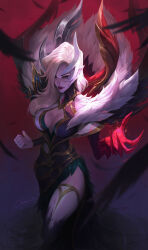 Rule 34 | 1girl, alternate costume, asymmetrical clothes, blonde hair, breasts, center opening, citemer, claws, cleavage, cleavage cutout, clenched hand, closed mouth, clothing cutout, coven morgana, cowboy shot, feathered wings, feathers, fur trim, hair over one eye, highres, large breasts, league of legends, long hair, looking at viewer, makeup, morgana (league of legends), official alternate costume, official alternate hairstyle, pale skin, pointy ears, red background, red eyes, side slit, signature, simple background, solo, standing, thighhighs, wings