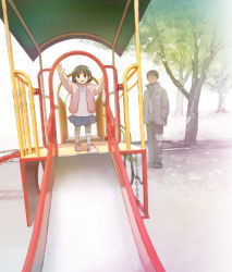 Rule 34 | 1boy, 1girl, brown hair, child, father and daughter, jacket, morifumi, original, pantyhose, playground, rika to mittsu no rule, short hair, skirt, slide, striped clothes, striped pantyhose, tree