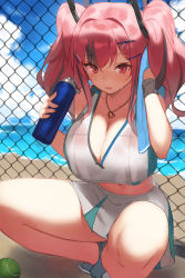 Rule 34 | 1girl, azur lane, ball, bare shoulders, beach, blue sky, bottle, breasts, bremerton (azur lane), bremerton (scorching-hot training) (azur lane), cleavage, cloud, commentary request, crop top, crop top overhang, green footwear, hair between eyes, hair ornament, headgear, heart, heart necklace, highres, holding, holding bottle, jewelry, large breasts, midriff, mole, mole under eye, multicolored hair, navel, necklace, ocean, open mouth, pleated skirt, red eyes, red hair, seon (seonon ), shirt, shore, skirt, sky, sleeveless, sleeveless shirt, sportswear, spread legs, squatting, streaked hair, sweat, tennis ball, tennis uniform, thighs, towel, two-tone shirt, two-tone skirt, two side up, water bottle, wiping sweat, wristband, x hair ornament