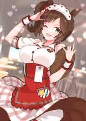 Rule 34 | 1girl, ;d, absurdres, animal ears, brown hair, clothing cutout, green eyes, heart on chest, highres, holding, holding tray, horse ears, horse girl, horse tail, ines fujin (melty gift) (umamusume), ines fujin (umamusume), looking at viewer, maid headdress, one eye closed, open mouth, shirt, shoulder cutout, side ponytail, smile, solo, tail, tray, tsumakiako, umamusume, white shirt, wrist cuffs