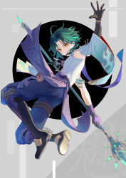Rule 34 | 1boy, ahoge, arm tattoo, asymmetrical clothes, bead necklace, beads, black hair, commentary, detached sleeves, diamond-shaped pupils, diamond (shape), dynamic pose, eyeshadow, facial mark, forehead mark, genshin impact, gloves, green gloves, green hair, highres, holding, holding polearm, holding weapon, jewelry, long hair, looking at viewer, makeup, multicolored hair, necklace, parted bangs, polearm, red eyeshadow, short hair, short hair with long locks, sidelocks, single detached sleeve, solo, spear, symbol-shaped pupils, tassel, tattoo, toned, toned male, two-tone hair, vanink, weapon, wide sleeves, xiao (genshin impact), yellow eyes