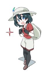 Rule 34 | 10s, 1girl, :d, bag, black hair, blue eyes, bucket hat, feathers, gloves, hat, highres, kaban (kemono friends), kemono friends, loafers, open mouth, pantyhose, pantyhose under shorts, shirt, shoes, short hair, shorts, smile, solo, star (symbol), t-shirt, white background, zk (zk gundan)