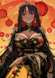 Rule 34 | 1girl, black coat, black dress, black hair, breasts, china dress, chinese clothes, chinese knot, cleavage, closed mouth, coat, colored inner hair, dczrart, dress, earrings, floral print, goddess of victory: nikke, highres, holding, holding removed eyewear, jewelry, large breasts, light blush, long hair, long sleeves, looking at viewer, moran (nikke), multicolored hair, red eyes, red hair, smile, solo, sunglasses, tassel, tassel earrings, two-tone dress, unworn eyewear, yellow dress