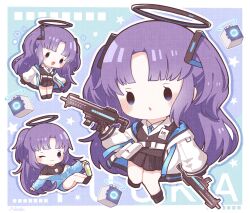 Rule 34 | 1girl, black shirt, black skirt, blue archive, blue eyes, blush, bottle, character name, chibi, dual wielding, gun, hair ornament, halo, highres, holding, holding gun, holding weapon, jacket, long hair, long sleeves, multiple views, nada namie, necktie, off shoulder, one eye closed, open clothes, open mouth, parted lips, pleated skirt, ponytail, purple hair, shirt, skirt, smile, star (symbol), two side up, very long hair, weapon, white shirt, yuuka (blue archive), yuuka (track) (blue archive)