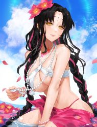 Rule 34 | 1girl, alternate costume, bandeau, bikini, black hair, blue sky, braid, breasts, chest tattoo, cleavage, closed mouth, cloud, commentary request, earrings, facial mark, falling petals, fate/grand order, fate (series), flower, forehead mark, hair flower, hair ornament, highres, jewelry, large breasts, long hair, multicolored hair, nail polish, necklace, nima (niru54), parted bangs, partially submerged, pearl necklace, petals, pink bikini, pink lips, pink sarong, sarong, sessyoin kiara, sesshouin kiara (swimsuit), sessyoin kiara (swimsuit mooncancer), sessyoin kiara (swimsuit mooncancer) (first ascension), sitting, sky, smile, streaked hair, swimsuit, tattoo, twin braids, underboob, very long hair, water, yellow eyes