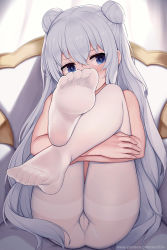 Rule 34 | 1girl, azur lane, blue eyes, blush, cameltoe, cleft of venus, feet, foot focus, foreshortening, hair between eyes, highres, knees to chest, le malin (azur lane), long hair, pantyhose, pussy, silver hair, soles, solo, symbol-shaped pupils, toes, very long hair, white pantyhose, zen33n