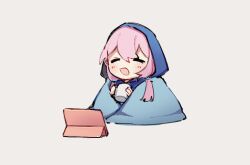 Rule 34 | 1girl, :d, = =, arknights, blue jacket, blue poison (arknights), blush, chibi, closed eyes, commentary, cup, english commentary, grey background, hair between eyes, holding, holding cup, hood, hood up, hooded jacket, jacket, long hair, low twintails, open mouth, pink hair, ruri (dailybloopy), sidelocks, simple background, sitting, smile, solo, tablet pc, twintails