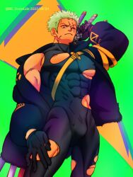 Rule 34 | 1boy, bara, black bodysuit, bodysuit, bulge, covered erect nipples, dark-skinned male, dark skin, feet out of frame, fighting stance, from below, frown, green hair, highres, jacket, large pectorals, long sideburns, looking at viewer, male focus, muscular, muscular male, nipple slip, nipples, off shoulder, official alternate costume, one piece, open clothes, open jacket, pectorals, re drawlife, ready to draw, roronoa zoro, short hair, sideburns, single bare shoulder, skin tight, skindentation, solo, thighs, torn bodysuit, torn clothes, underpec, weapon behind back