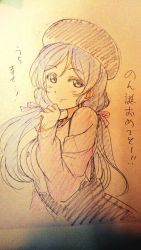 10s 1girl beret female_focus green_eyes hair_ribbon hand_on_own_chin hat high-waist_skirt long_hair long_sleeves looking_at_viewer love_live! love_live!_school_idol_project murota_yuuhei photo_(medium) purple_hair purple_ribbon ribbon sketch skirt smile solo suspender_skirt suspenders tojo_nozomi traditional_media twintails