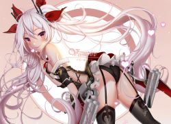 Rule 34 | 1girl, ass, azur lane, black panties, black thighhighs, breasts, character name, closed mouth, clothing cutout, copyright name, cowboy shot, cross-laced clothes, cross-laced cutout, dress, dutch angle, female focus, from side, garter belt, garter straps, glint, hair between eyes, hair ribbon, heart, long hair, looking at viewer, looking back, nyeeshii, panties, red eyes, red ribbon, ribbon, small breasts, smile, solo, standing, thighhighs, underwear, vampire (azur lane), very long hair, white hair