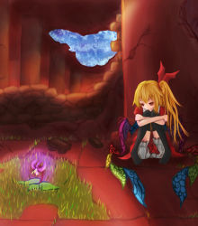 Rule 34 | 1girl, black thighhighs, blonde hair, bloomers, brick, faux traditional media, flandre scarlet, flower, glowing, goma dango, grass, hair ribbon, hugging own legs, knees to chest, looking down, looking to the side, no headwear, no headwear, no shoes, pillar, red eyes, ribbon, ruins, side ponytail, skirt, skirt set, solo, stone wall, thighhighs, touhou, underwear, wall, wings