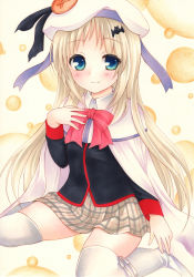 Rule 34 | 1girl, bat hair ornament, beret, blonde hair, blue eyes, bow, bowtie, closed mouth, hair ornament, hand up, hat, highres, little busters!, long hair, long sleeves, looking at viewer, marker (medium), miniskirt, noumi kudryavka, pink bow, pink bowtie, plaid, plaid skirt, saya pr, sitting, skirt, smile, solo, straight hair, thighhighs, traditional media, very long hair, white hat, white thighhighs
