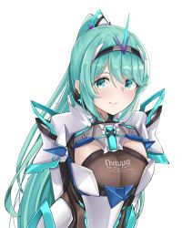 Rule 34 | 1girl, arms behind back, breasts, chest jewel, earrings, gem, green eyes, green hair, highres, jewelry, large breasts, leaning forward, long hair, looking at viewer, pneuma (xenoblade), ponytail, sarasadou dan, simple background, smile, solo, spoilers, swept bangs, tiara, upper body, white background, xenoblade chronicles (series), xenoblade chronicles 2