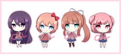 Rule 34 | 4girls, :t, artist name, black legwear, blazer, blue eyes, blue skirt, blush, bow, breasts, brown hair, chibi, collared shirt, comfycal, crossed arms, doki doki literature club, full body, green eyes, hair between eyes, hair bow, hair ornament, hair ribbon, hairclip, hand on own arm, hand on own hip, highres, jacket, long hair, long sleeves, looking at viewer, miniskirt, monika (doki doki literature club), multiple girls, natsuki (doki doki literature club), neck ribbon, open mouth, pink eyes, pink hair, pleated skirt, ponytail, purple eyes, purple hair, ribbon, sayori (doki doki literature club), school uniform, shirt, sidelocks, simple background, skirt, smile, standing, thighhighs, vest, watermark, white background, white legwear, white shirt, wing collar, yuri (doki doki literature club)