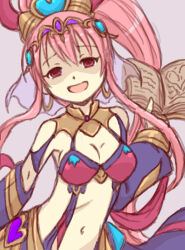 Rule 34 | 1girl, book, breasts, detached sleeves, empty eyes, grimms notes, haikuro, hair ornament, harem outfit, holding, holding book, long hair, medium breasts, midriff, navel, open mouth, pink eyes, pink hair, ponytail, shadow morgiana (grimms notes), simple background, sketch, smile, solo, veil