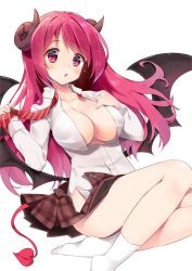 Rule 34 | 1girl, black wings, blush, breasts, brown skirt, cleavage, collarbone, collared shirt, commentary request, curled horns, demon girl, demon horns, demon tail, demon wings, diagonal-striped clothes, diagonal-striped necktie, diagonal-striped neckwear, dress shirt, hands up, holding necktie, holding neckwear, horns, io (princess connect!), kutata, large breasts, long hair, long sleeves, looking at viewer, necktie, no bra, no shoes, open clothes, open fly, open skirt, parted lips, pink hair, plaid, plaid skirt, pleated skirt, princess connect!, red eyes, red neckwear, shirt, simple background, skirt, socks, soles, solo, striped clothes, striped neckwear, tail, undone necktie, very long hair, white background, white shirt, white socks, wings