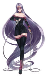 Rule 34 | 1girl, absurdly long hair, bad id, bad pixiv id, black footwear, black thighhighs, blindfold, boots, chain, dagger, facial mark, fate/stay night, fate (series), forehead mark, full body, highres, knife, long hair, medusa (fate), medusa (rider) (fate), nameless dagger (fate), purple hair, simple background, solo, thigh boots, thighhighs, very long hair, weapon, ycco (estrella)