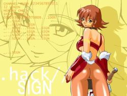 Rule 34 | .hack//, .hack//sign, 00s, 1girl, armor, ass, bandai, blue eyes, bra, breasts, brown hair, cyber connect 2, english text, jpeg artifacts, large breasts, lingerie, looking back, mimiru (.hack//), pantyhose, pussy, short hair, sideboob, smile, solo, spikes, sword, underwear, weapon