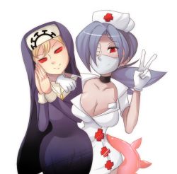 Rule 34 | 2girls, blonde hair, blue hair, breast press, breasts, choker, cleavage, cross, cross necklace, double (skullgirls), dress, eyepatch, gloves, hat, huge breasts, jewelry, mask, mouth mask, multiple girls, necklace, nun, nurse, nurse cap, ponytail, red cross, red eyes, short dress, shotlancer, simple background, skullgirls, standing, surgical mask, thighs, v, valentine (skullgirls), white background, white gloves
