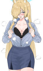 Rule 34 | 1girl, animal ear fluff, animal ears, black bra, black pantyhose, blonde hair, blue archive, blue eyes, blue halo, blue shirt, blue skirt, blush, bra, breasts, cleavage, collarbone, cowboy shot, hair over one eye, halo, highres, kanna (blue archive), large breasts, long hair, long sleeves, open mouth, pantyhose, shirt, simple background, skirt, solo, tsumayouji (tumayog), underwear, white background