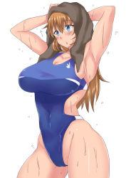 Rule 34 | 1girl, animal ears, blue eyes, blush, breasts, brown hair, charlotte e. yeager, chestnut mouth, cleavage, competition swimsuit, female focus, highleg, highleg swimsuit, highres, komusou (jinrikisha), large breasts, long hair, one-piece swimsuit, solo, strike witches, swimsuit, towel, wet, white background, world witches series